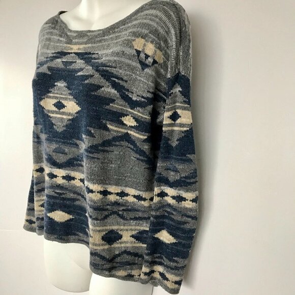 RALPH LAUREN Cotton Southwest Tribal Print Pullover Sweater blues greys cream M - Picture 3 of 14